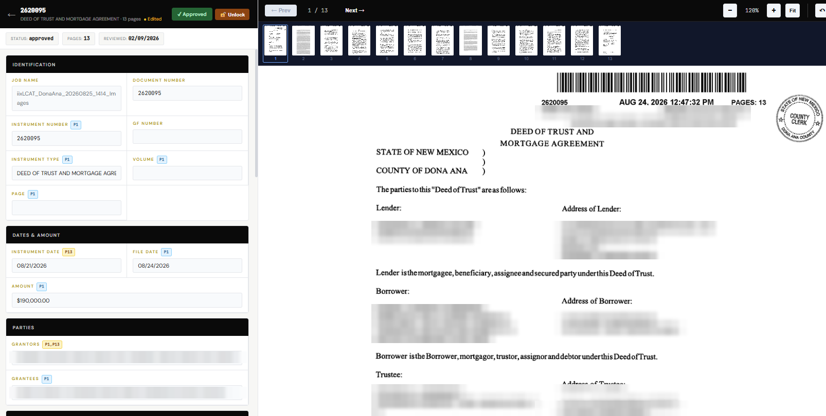 Leo's review screen for a thirteen-page deed of trust, showing the page strip used to move between pages of a single instrument.