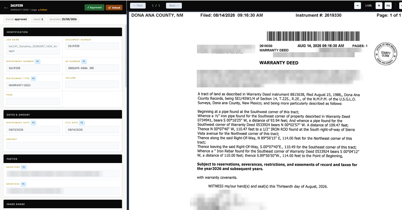 Leo's review screen for a warranty deed: extracted identification, date and party fields on the left, the recorded instrument on the right.